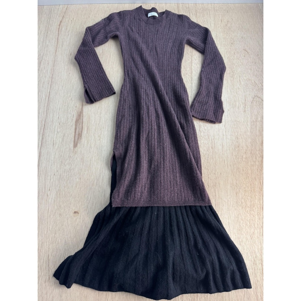 Naadam Sweater Dress Womens Small Brown Black Colorblock Mock Neck Long Knit
